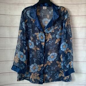 Secret Treasures Blue Floral Sheer Pajama Top Button Up Front Satin Trim Size L